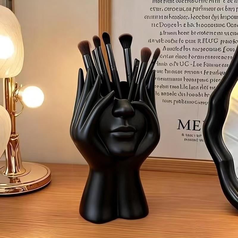 Artistic Hand and Face Sculpture Brush Holder, Minimalist Abstract Decor for Vanity and Desk, Elegant Desktop Accessory