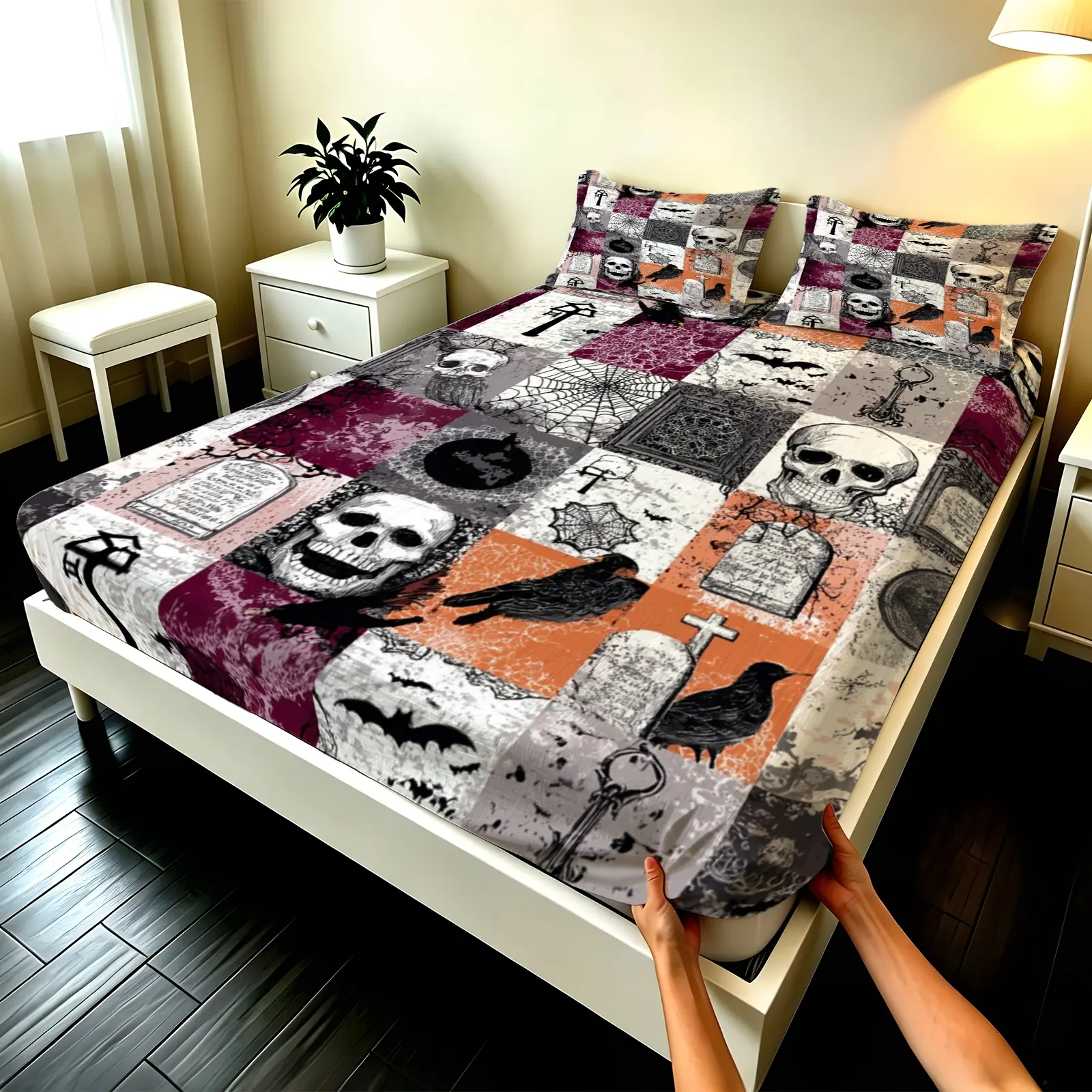 3pcs Fitted sheet Halloween Gothic Skull Crow Tombstone Pattern Bedding Set, Decorative Bedding, Soft Microfiber Breathable Wrinkle Resistant Fade Proof Cozy Durable for Bedroom Home, Fit Twin Full Queen King Size