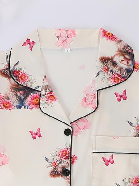 Women's Cartoon Highland Cow & Floral Print Casual Comfy Pajama Set, Lapel Long Sleeve Button-Up Top & Elastic Pants, All-Season Sleepwear