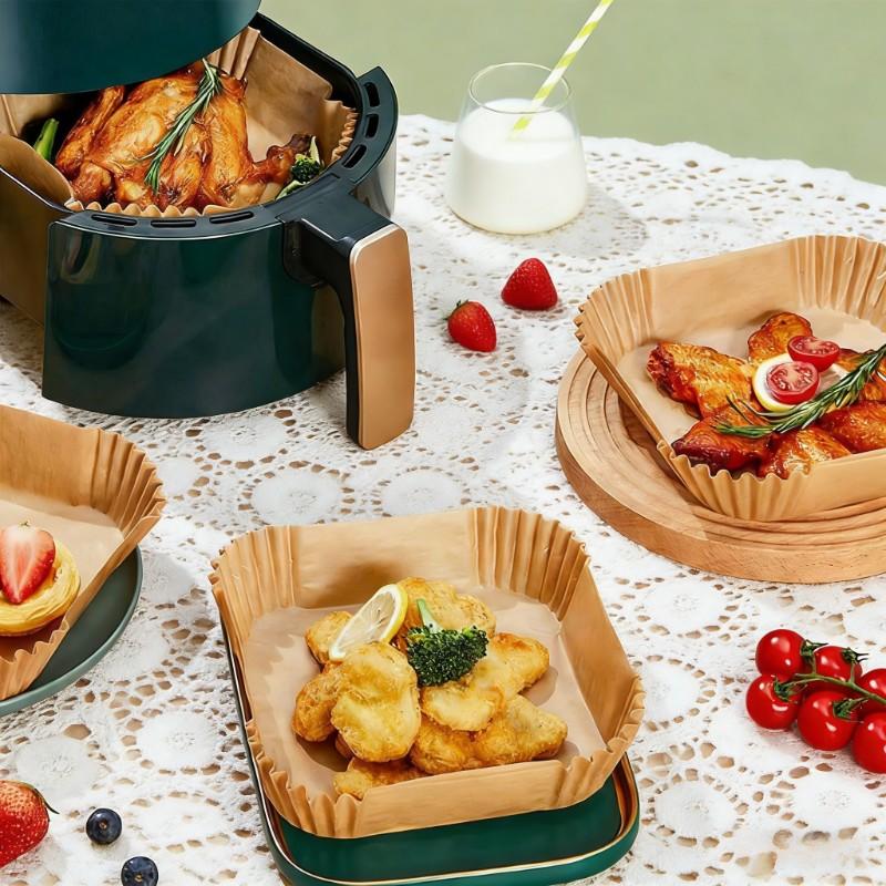 Kitchen Must-Have, 100 Pcs 6.3" Square Disposable Air Fryer Liners, Non-Stick Waterproof Oilproof, Food Grade Parchment Paper, Oven Microwave Safe, Bakeware