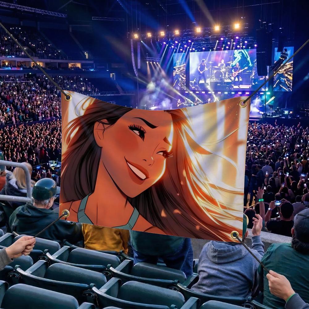 P-Pocahontas CARTOON Flags Multi Size Atmosphere Flag, Cheerleading Hand Pulled Banner, Portable Outdoor Event Flag & Wall Decor for Sports, Parties, Home and Room Decoration