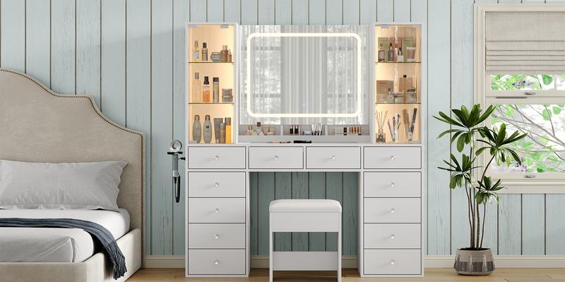 FUSOU 12 Drawers Makeup Vanity with Charging Station, Vanity Desk with LED Mirror & 2 Glass Cabinet, 3 Color Modes, Brightness Adjustable, Glass Top, Dressing Table with Chair for Bedroom (12 Drawers)