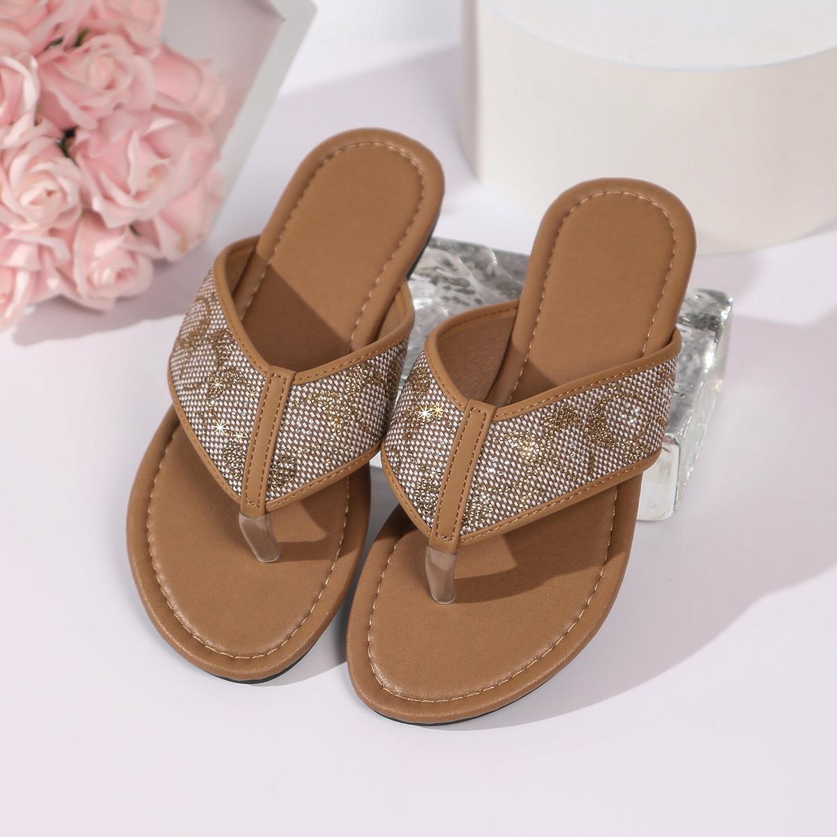 Caramel brown gradient rhinestone thong mules, V wide PU strap, clear toe post, thin heel, luxury shiny diamond design, elegant for date & vacation, stylish summer slip on stiletto flip flops, Embellished Sparkly Sandals for women