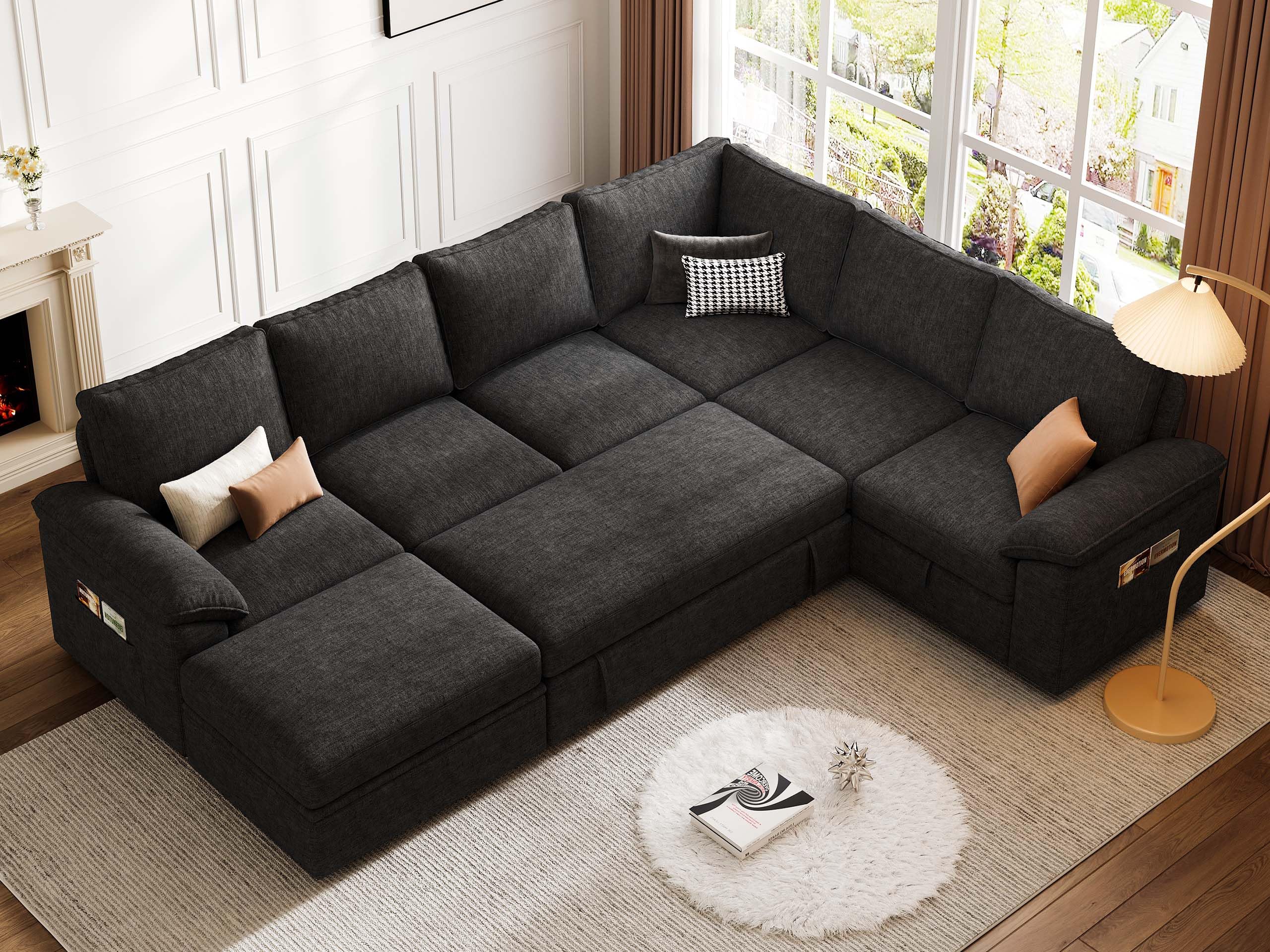 【4 Packages】108 Inch Sectional Sleeper Sofa with Pull Out Bed, U Shaped 7 Seat Modular Sectional Sofa with Storage, Sectional Couches for Living Room, Cloud Modular Couch, Removable Sofa Cover