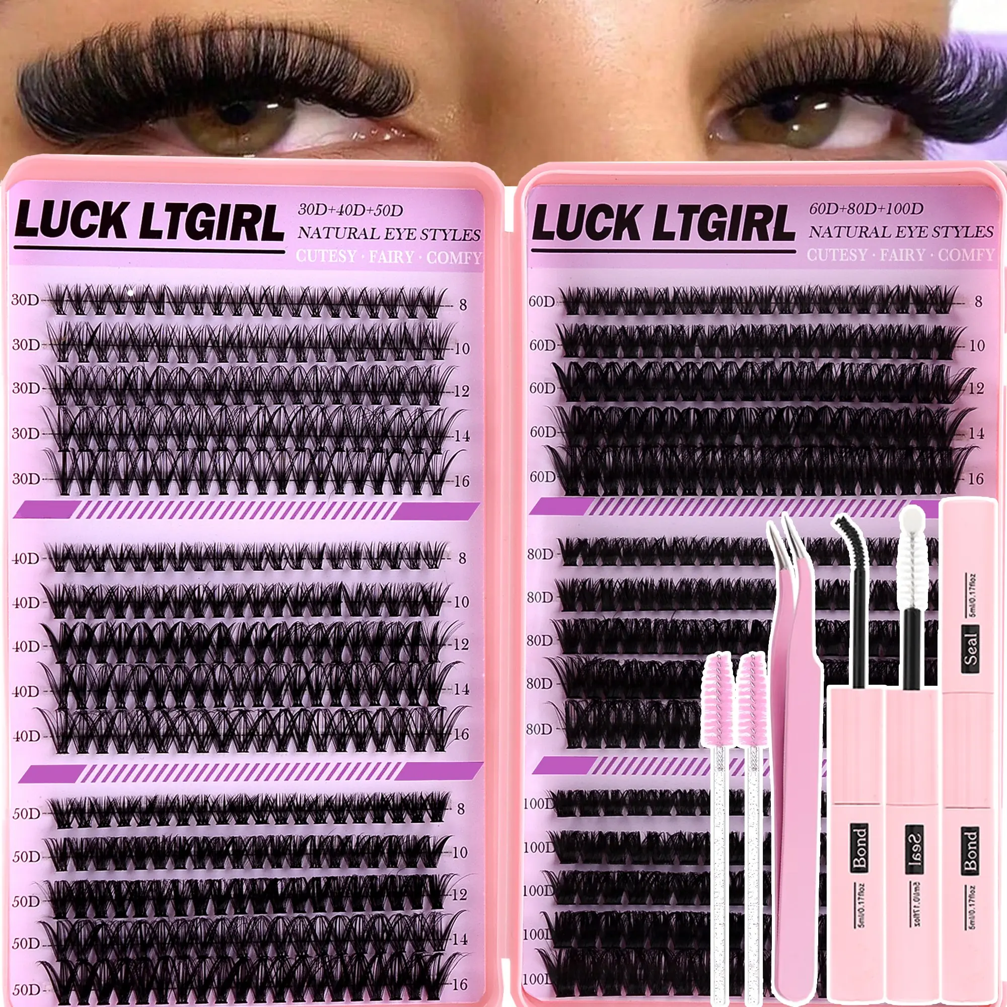 Luck LTGIRL 600PCS Lash Clusters Kit, 30D 40D 50D 60D 80D Wispy Cat Eye Lashes, 8-16mm Mixed Length Individual DIY Eyelash Extensions, D Curl Volume False Lashes, Synthetic Eyelash Extensions with Bond & Seal, Tweezers & Brushes for Holiday & Daily Use
