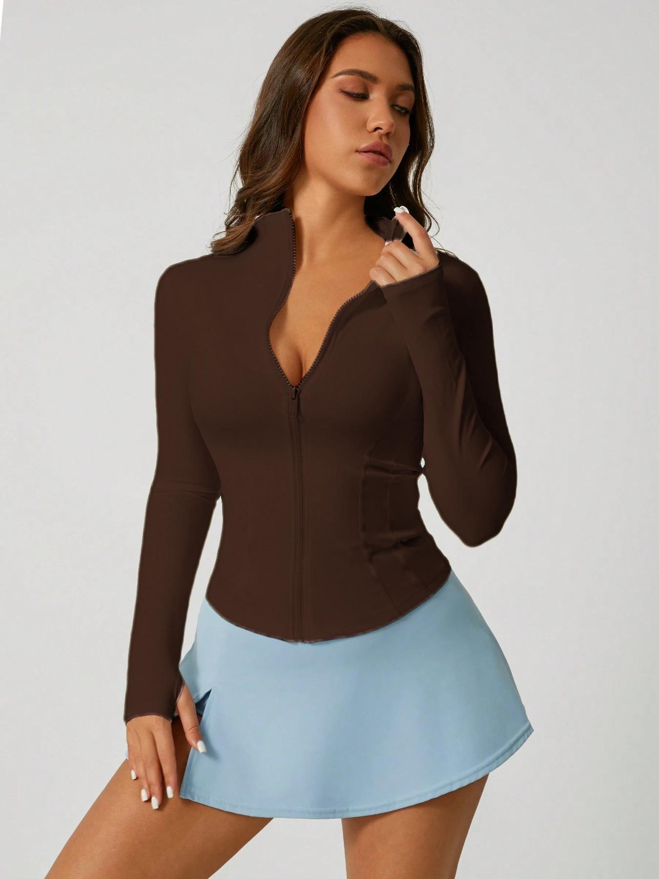 Women's Solid Zip Up Sports Jacket, Lightweight Sports Jacket, Sporty Thumb Hole Long Sleeve Outerwear for Gym Workout Running, Ladies Sportswear for All Seasons, Modern and Comfortable