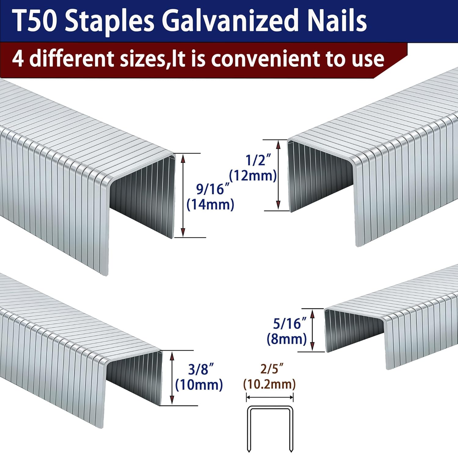 20 Guage Galvanized T/50 Staples,4 Sizes Assorted Size Project Pack for Staple  or T-50 Stapler (5/16"+3/8"+1/2"+9/16"-2016 pcs)