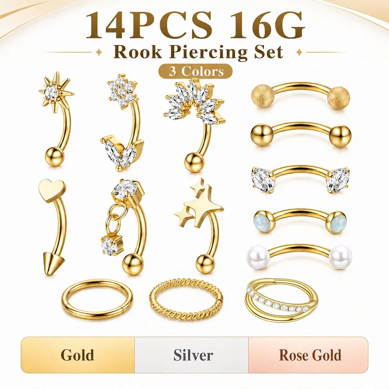 KRFY 14PCS 16G Rook Piercing Jewelry Set • 316L Surgical Steel Curved Barbells & Daith Hoops • Cartilage Eyebrow Piercing Set • Gold, Silver & Rose Gold