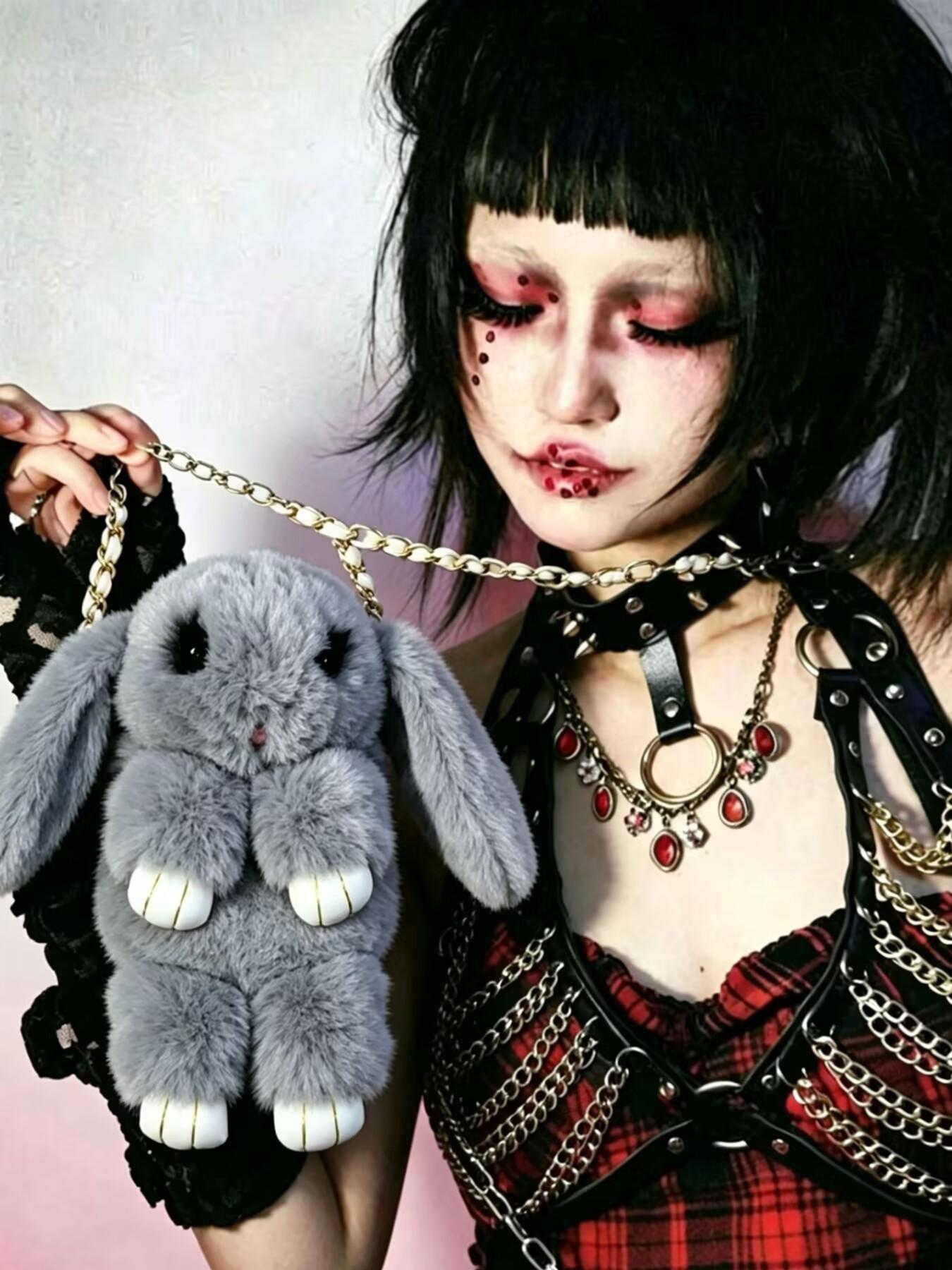Original Handmade Rope Chain Ears Rabbit Plush Crossbody Bag, Cute Animal Pattern, All Seasons, Single Shoulder Bag, Rhombus Chain Design