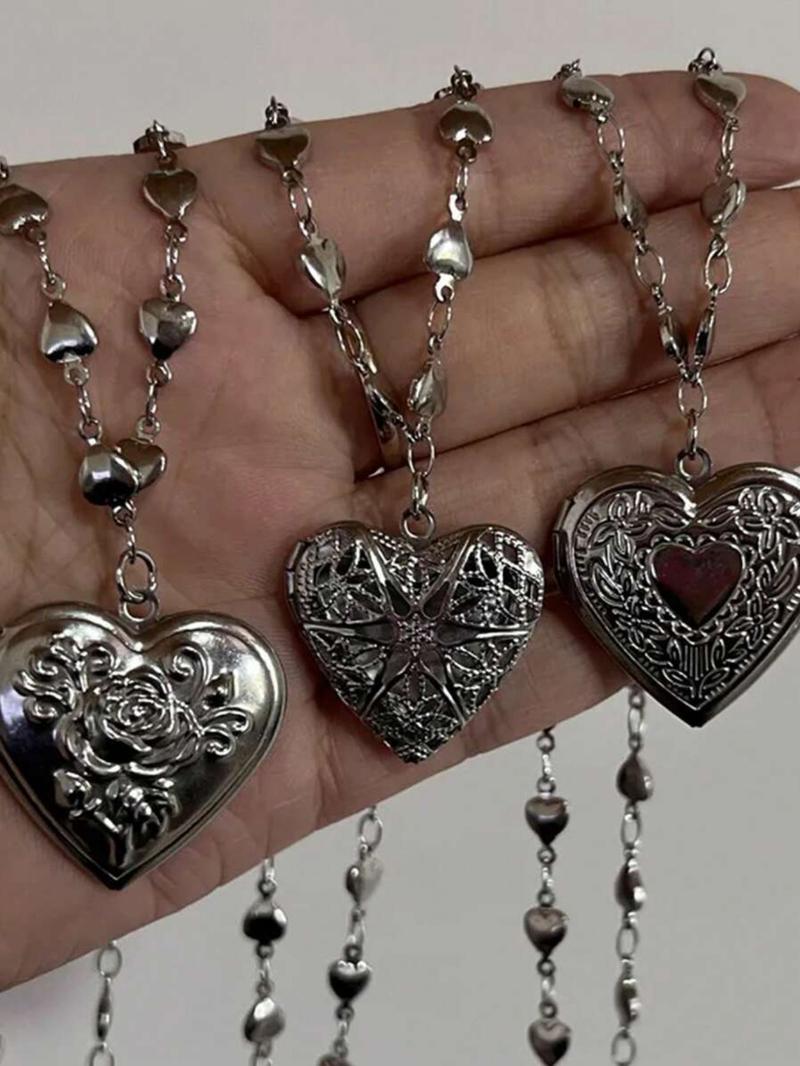 Y2K Style Stainless Steel Heart Pendant Fashion Necklace Set, DIY Photo Box Design, Trendy Party Jewelry for Women, All Season Wear