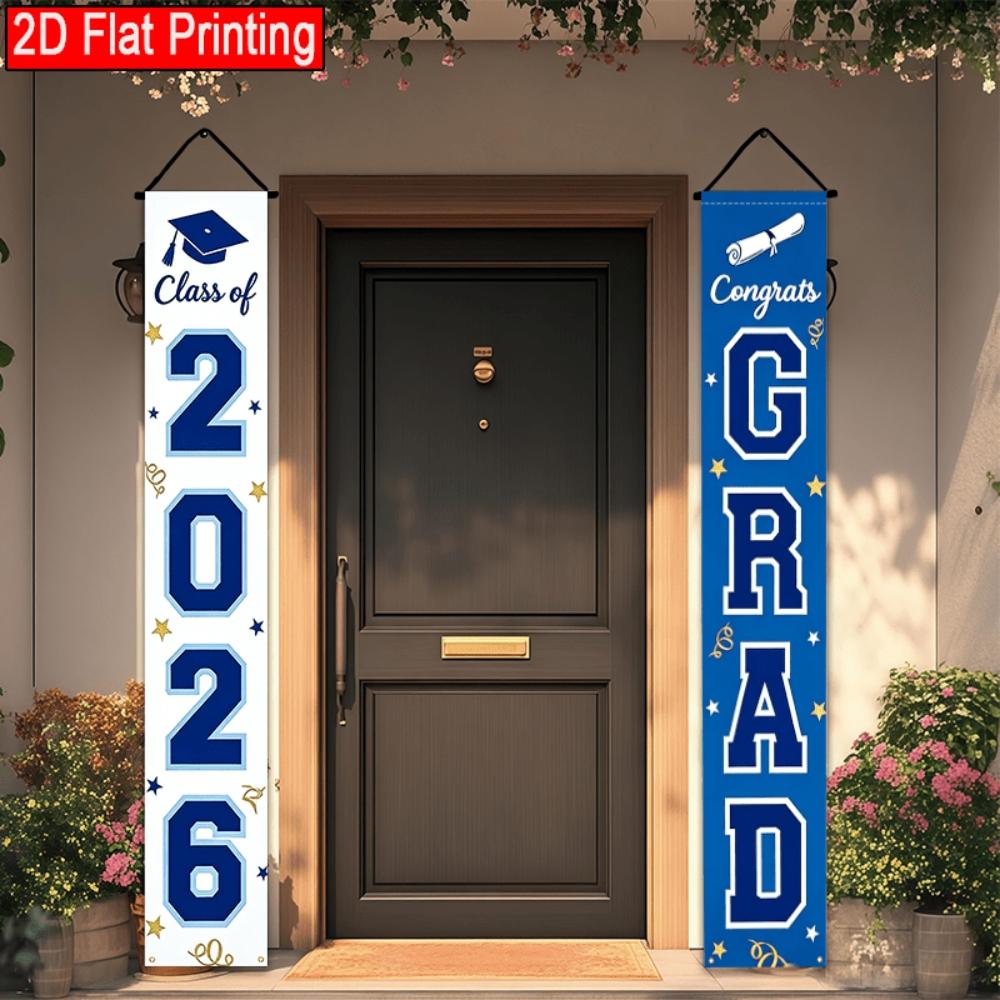 2DFlat2pcs 2026 Class  Graduation Door Banner, Blue and White Color Scheme with Grad Cap, Diploma and Star Elements, Ideal for 2026 Graduation Ceremony, Grad Party, Appreciation Dinner, School Celebration, Also as Porch or Wall Hanging,
