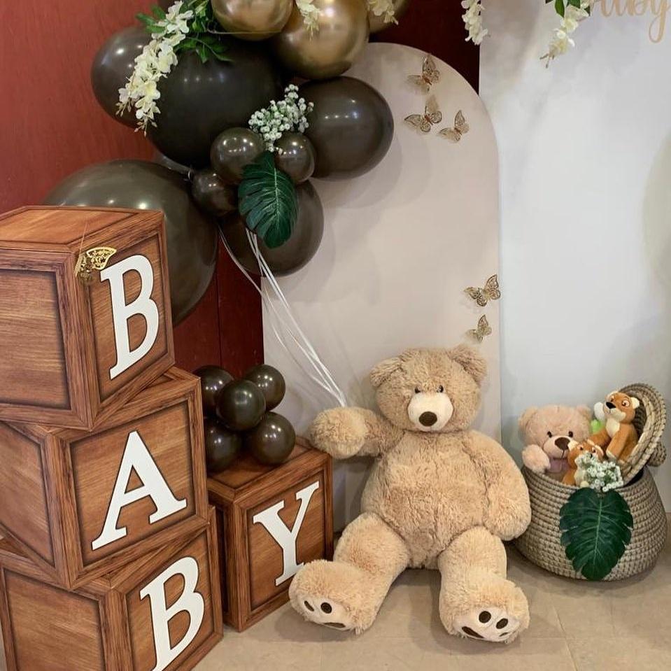 Wood Grain Printing Baby Shower Display Boxes Decoration, Neutral Gender Reveal Backdrop Brown Baby Stacking Blocks Backdrop for Kids Birthday Party