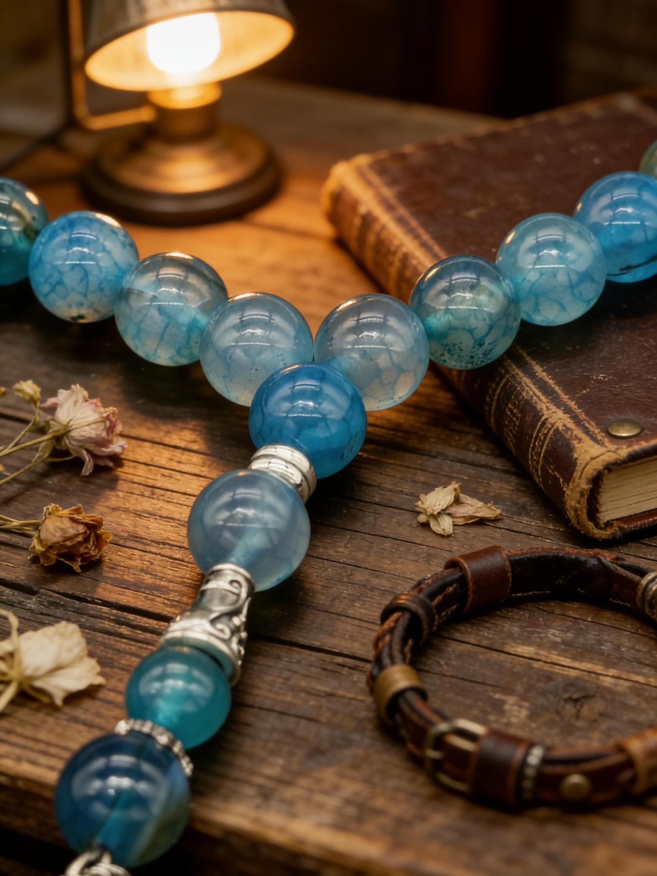 Blue Dragon Pattern Agate Bead Bracelet, Vintage Tibetan Buddhist Jewelry, Lucky Charm Accessory, Perfect Gift for Couples and Friends