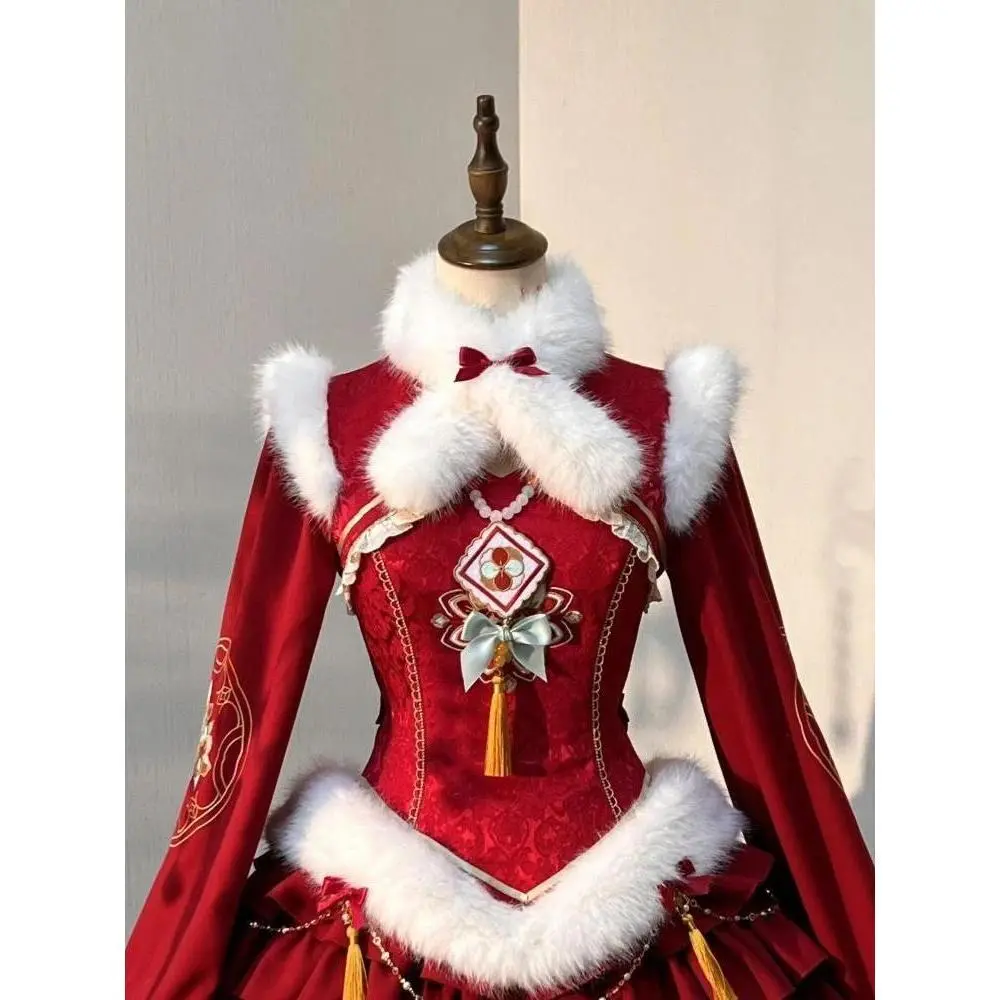 2025 Winter Christmas New Year Sweet Lolita Style Dress Womens Y2k Faux Fur Design Warm Dress Female Chic Korean Popular Clothes