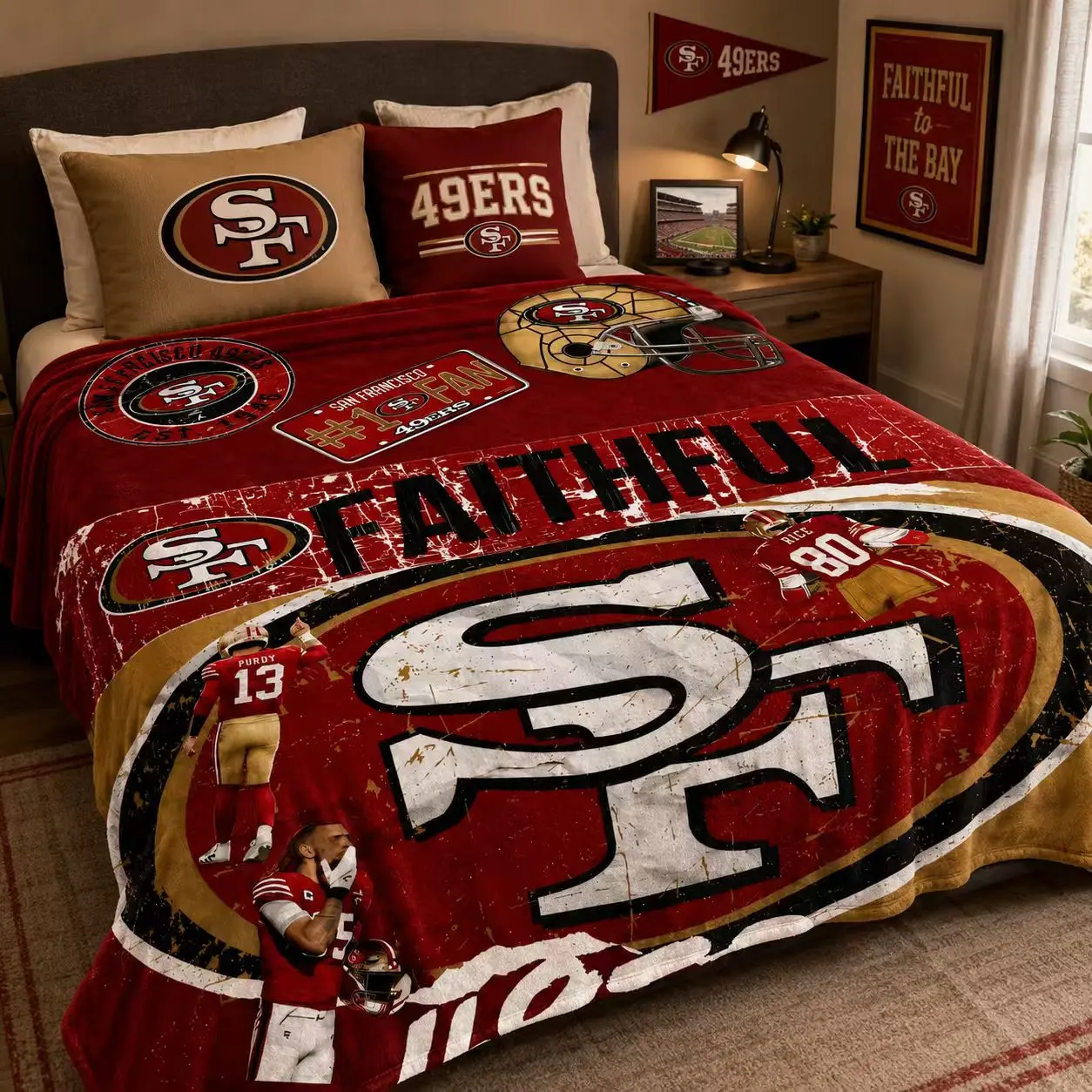 San Francisco 49ers Flannel Blanket, Vintage Texture Team Logo, Thick Soft Anti-Pilling Washable, All-Season Adult Throw, Gift for Football Fans