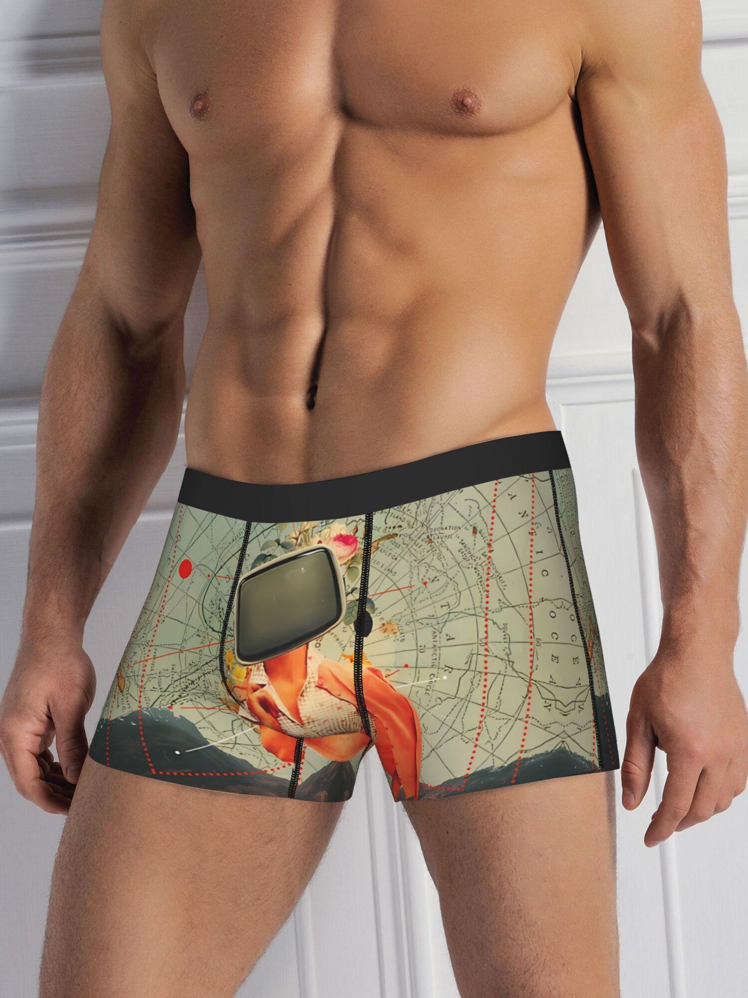 BIIHUDU Men'S Antarctic Broadcast Boxer Briefs - Stretchy Polyester Underwear with Satellite Dish & Floral Print, Comfort Fit
