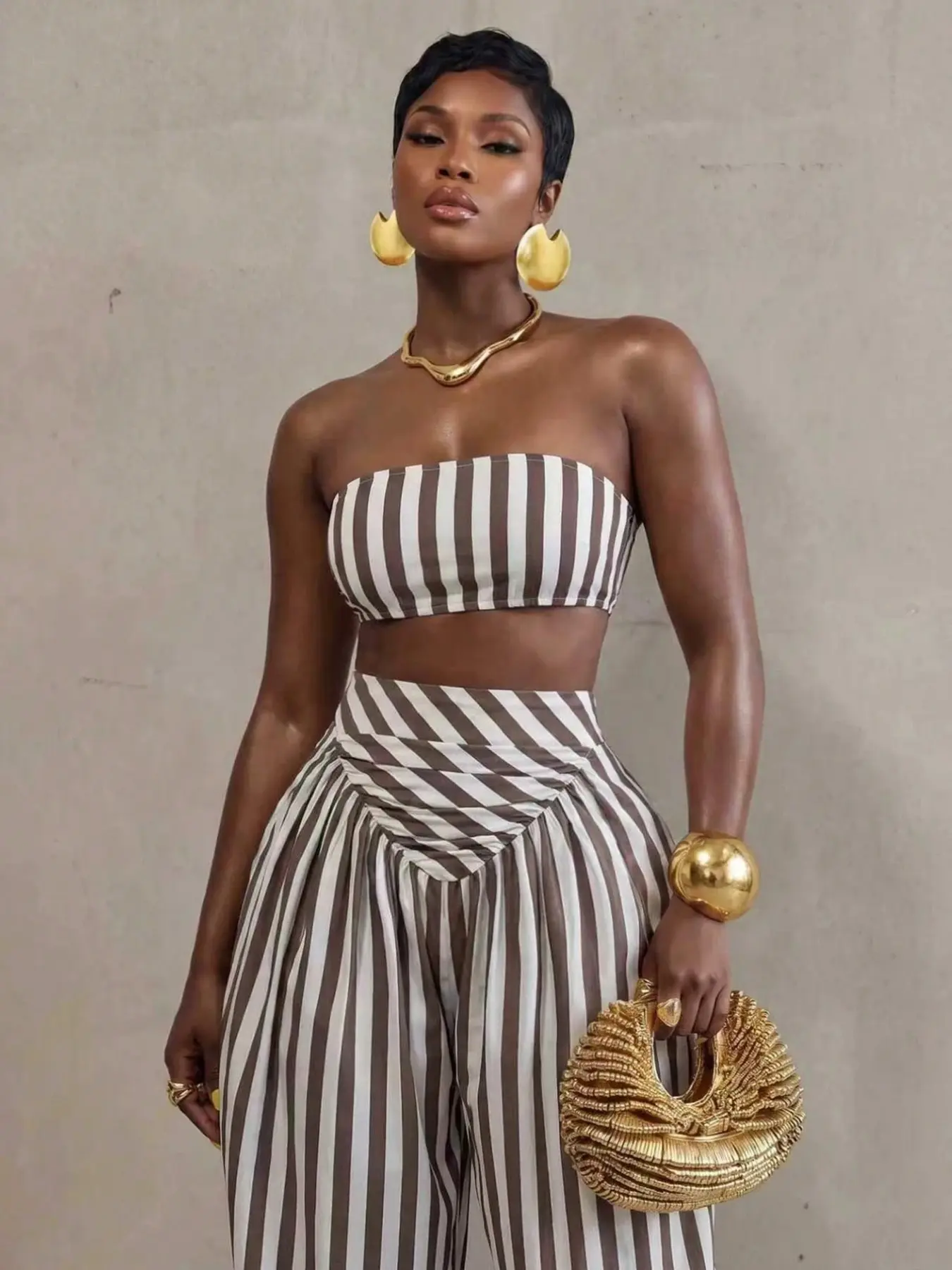 Women's Printed Strapless Top and High Waisted Pants Set, Casual Daily Wear, Slim-Fitting Camisole, Striped Pattern, Unlined