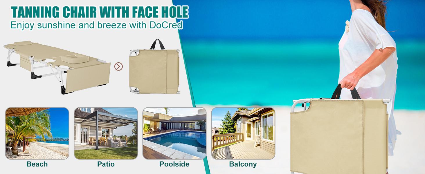 DoCred Deluxe 3-in-1 Tanning Chair with Face Hole, 5-Position Adjustable Beach Chair with Mattress, Oversized Portable Folding Chaise Poolside Lounge Chair for Outdoor Sunbathing, Lawn, Patio, Beach