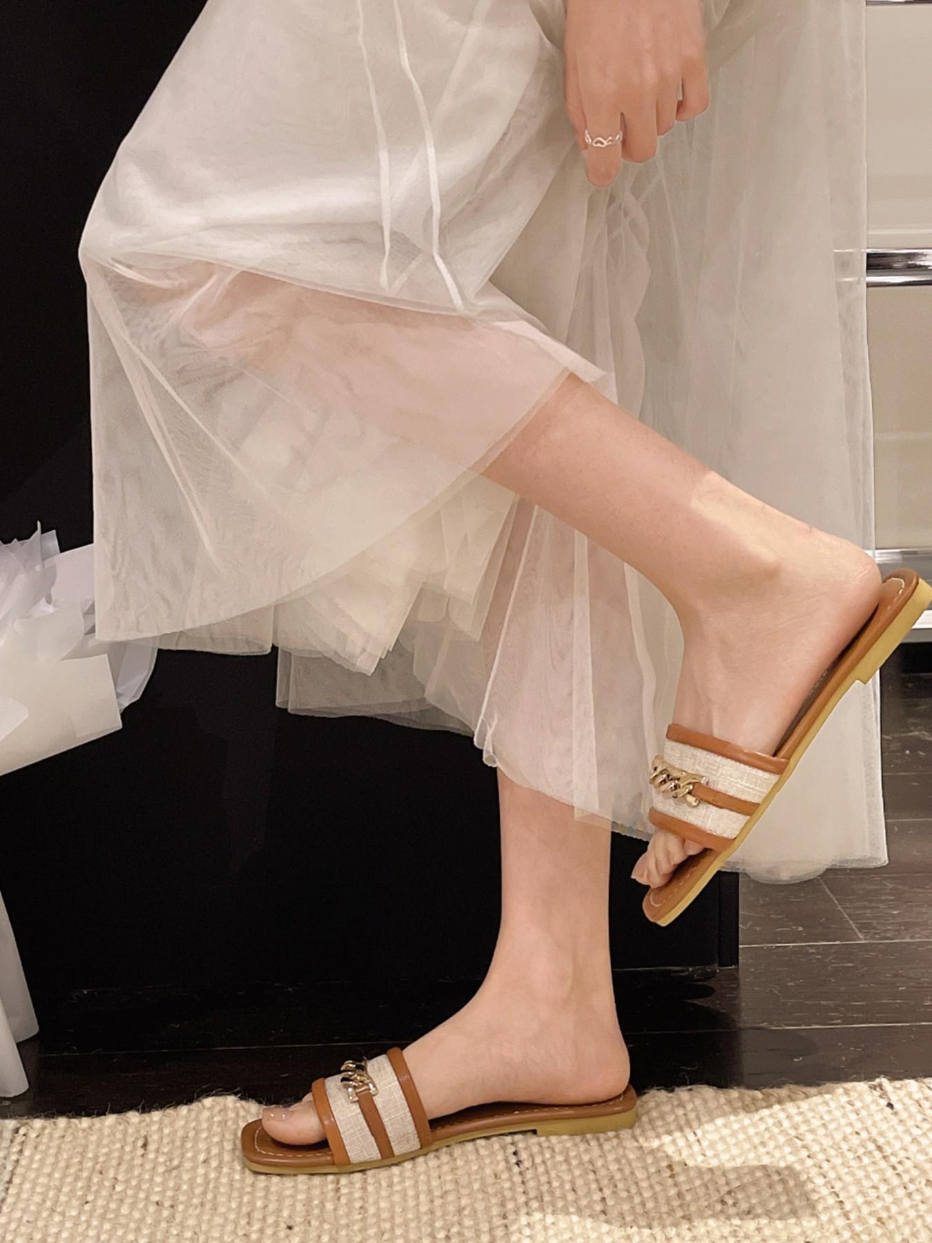 Women's Square Toe Sandals with Chain Decoration, Casual Flat Slip-On Shoes, Trendy Summer Fashion Footwear