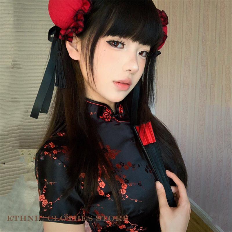 Classic Chinese Style Dress Female Qipao Sexy Short Sleeve Mini Cheongsam Elegant Jacquard Flower Traditional Clothing   Qipao