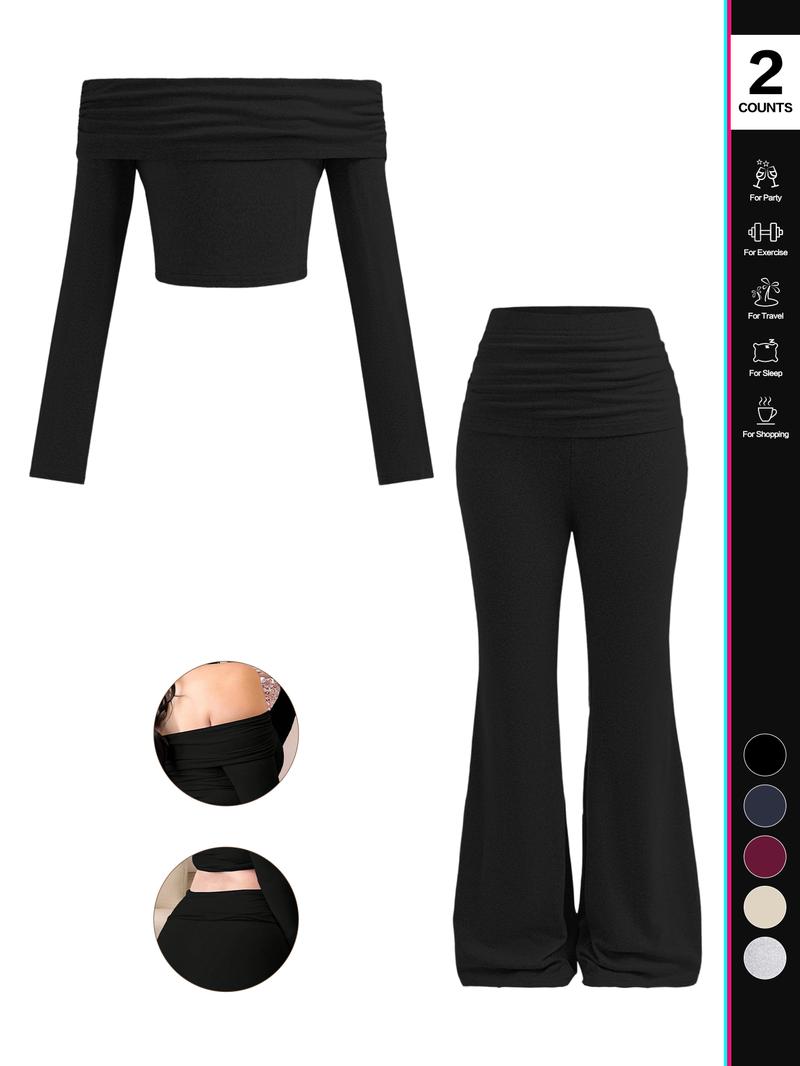2026 Women's Solid Color Long-Sleeve Crop Top and Flared Pants Loungewear Set, One-Shoulder Top and Flared Pants, Women's Pajama Set
