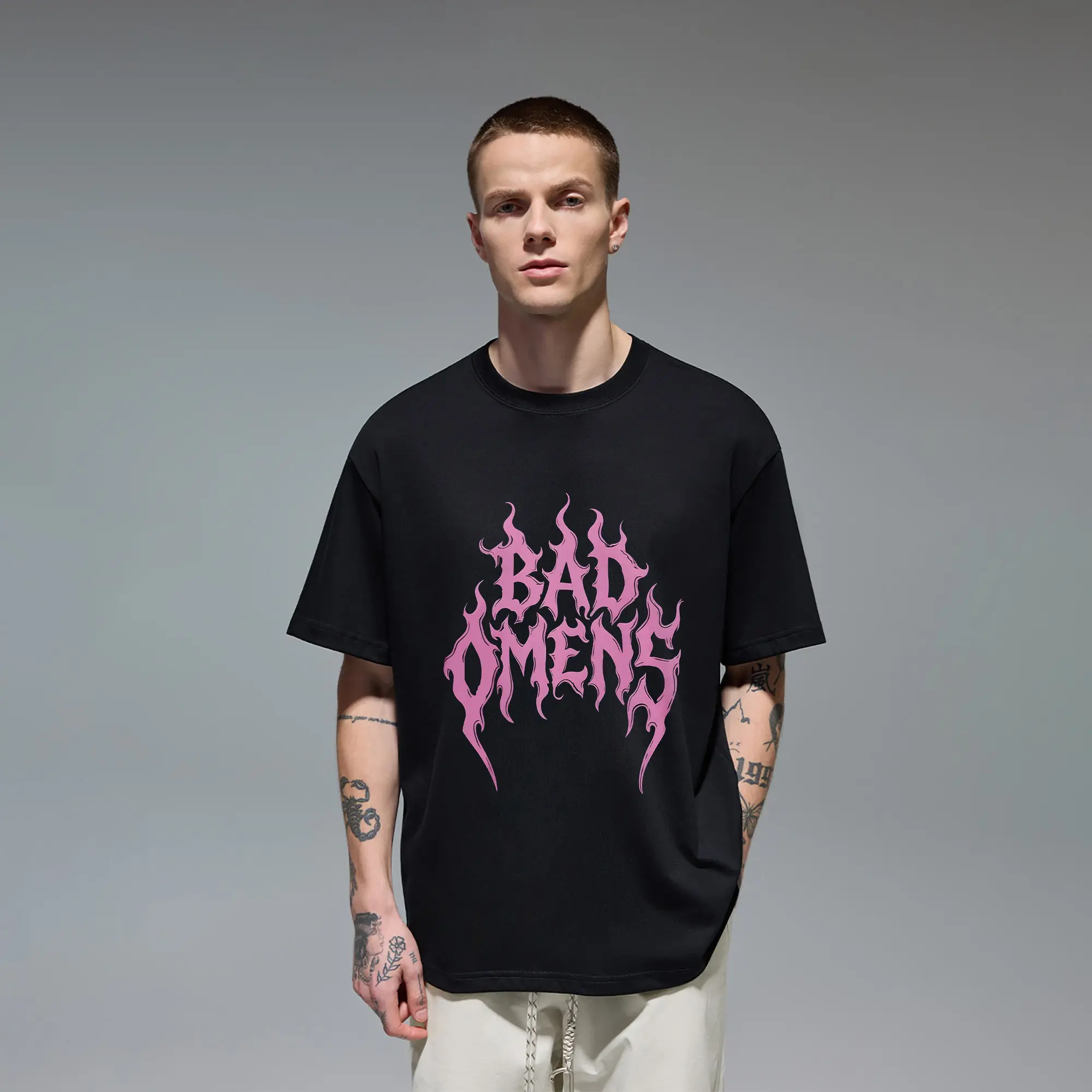 Bad Omens Pink Flame Gothic Font Metalcore Band Vibe Novelty Gift for Teen Girls Women Heavy Metal Rock Music Fan Alt Emo Scene Aesthetic Pastel Goth Edgy Grunge Style original oversized cotton graphic tee cutting ideas T-shirt for men apparel