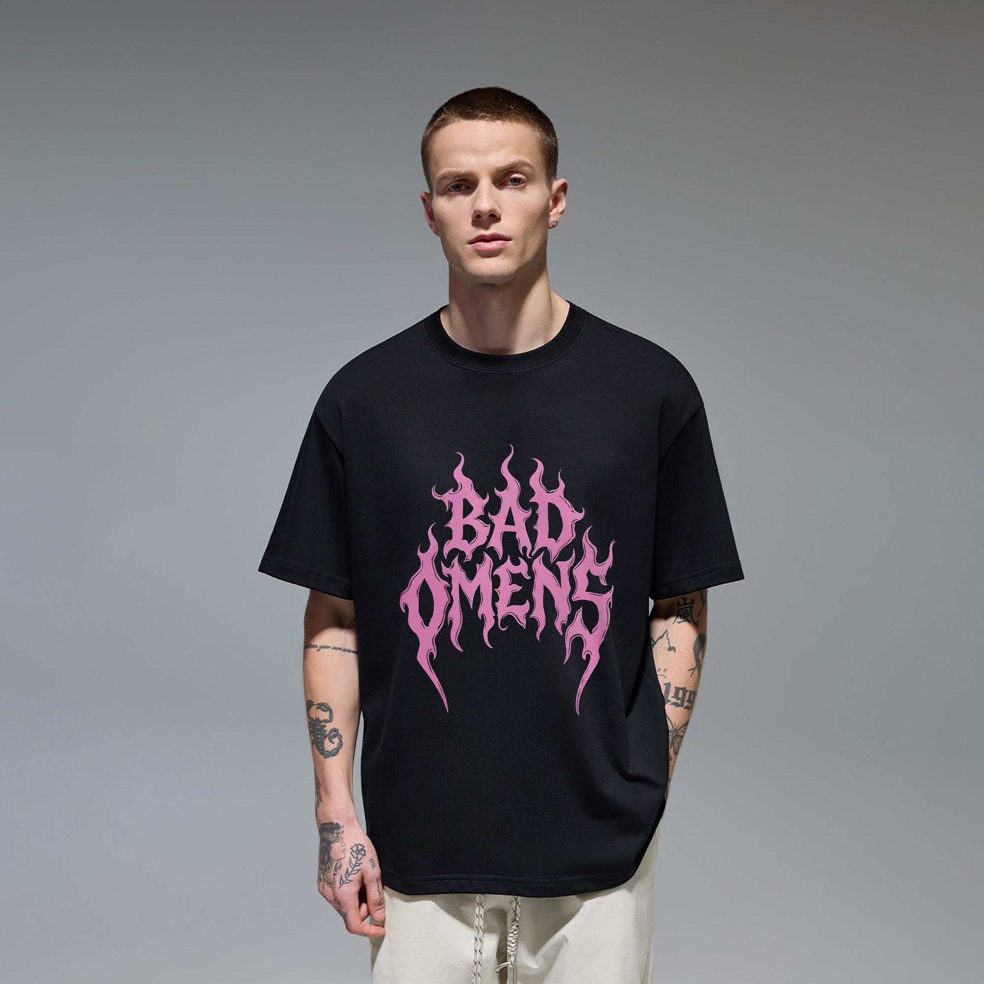 Bad Omens Pink Flame Gothic Font Metalcore Band Vibe Novelty Gift for Teen Girls Women Heavy Metal Rock Music Fan Alt Emo Scene Aesthetic Pastel Goth Edgy Grunge Style original oversized cotton graphic tee cutting ideas T-shirt for men apparel
