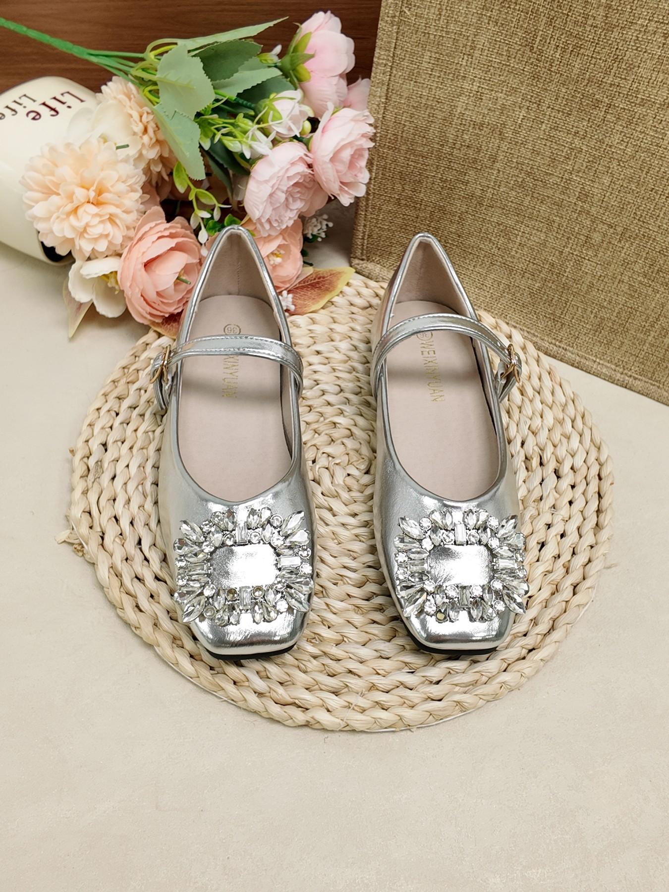 French Square Toe Mary Jane Shoes, Rhinestone Buckle Strap Flat Shoes, Soft Sole Casual Women's Shoes for Office and Dating