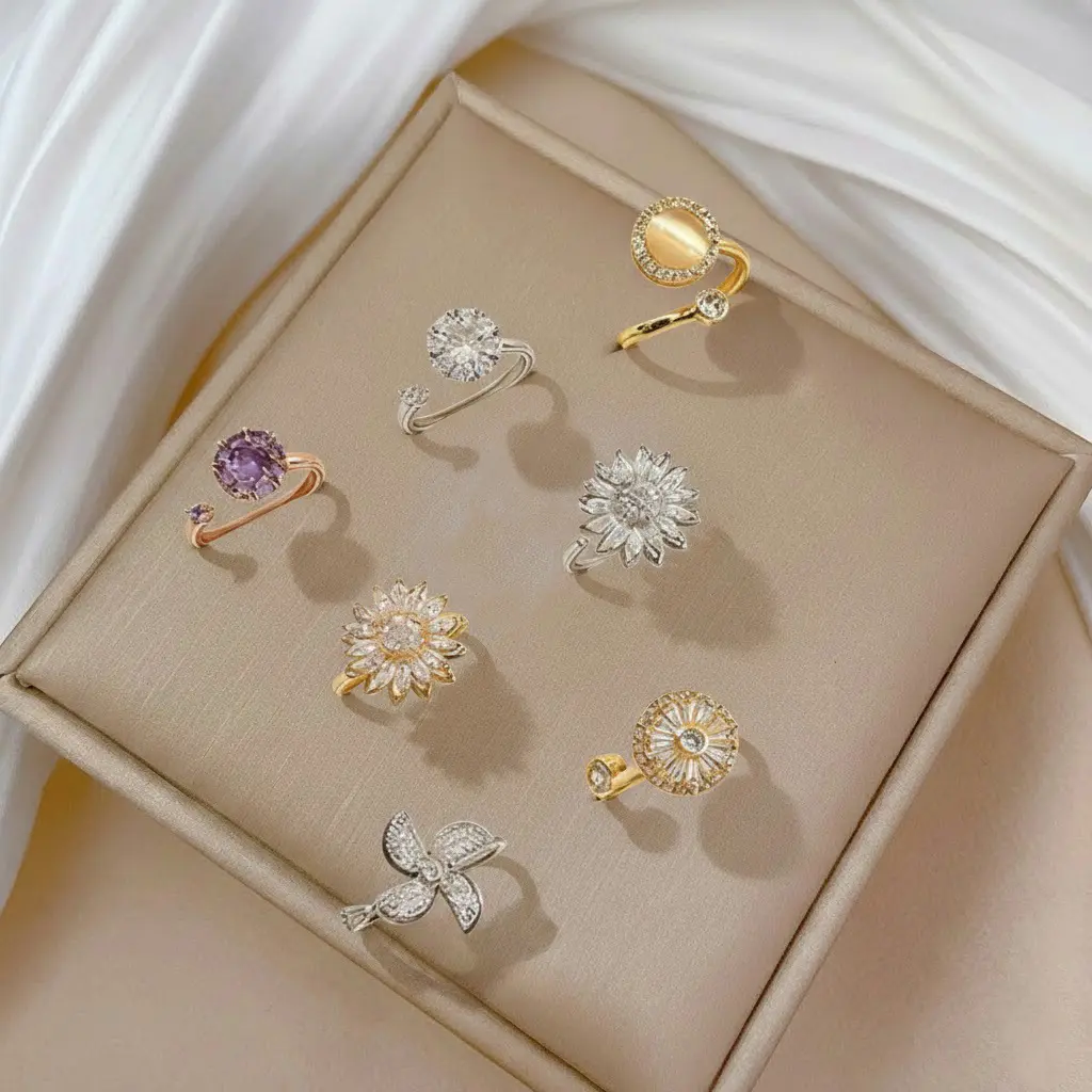Women's ring with micro-inlaid rotating zircon, elegant and minimalist style, fashionable full-diamond round geometric design, versatile and stylish, adjustable, high-end feel, a perfect holiday gift for women or friends