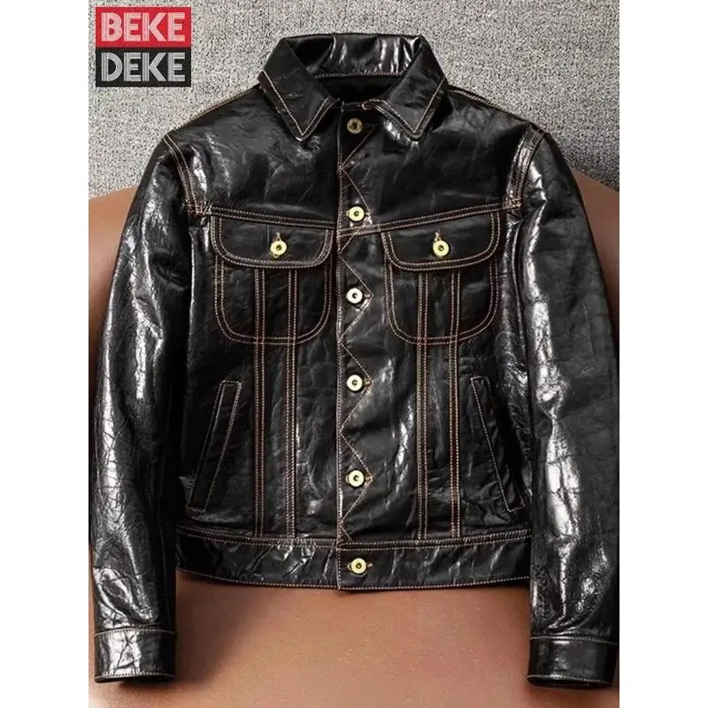 Punk Genuine Leather Jacket Men Single Breasted Casual Turn-Down Collar Slim Fit Oil Wax Sheepskin Bikers Motorcycle Short Coat