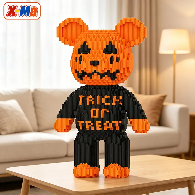 Large Micro Blocks Halloween Theme Bear Figure - DIY Interlocking Bricks Unisex Creative Play Toy, Safe Materials Desktop Decor Ornament Gift for Kids & Adults
