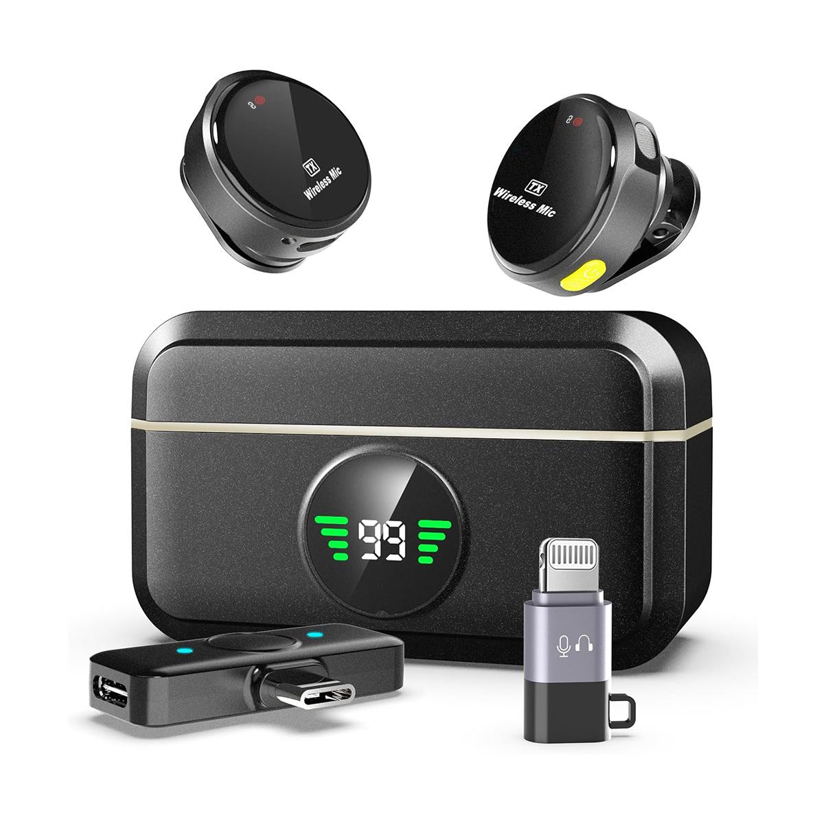 Black Portable Wireless Lavalier Microphone with Noise Reduction, Charging Case, Magnetic Lanyard, Clip-On Lapel Receiver - USB Type C Plug-and-Play Wearable Equipment for Vlogging, Streaming, Live Podcast (iPhone, iPad, Android Smartphones)