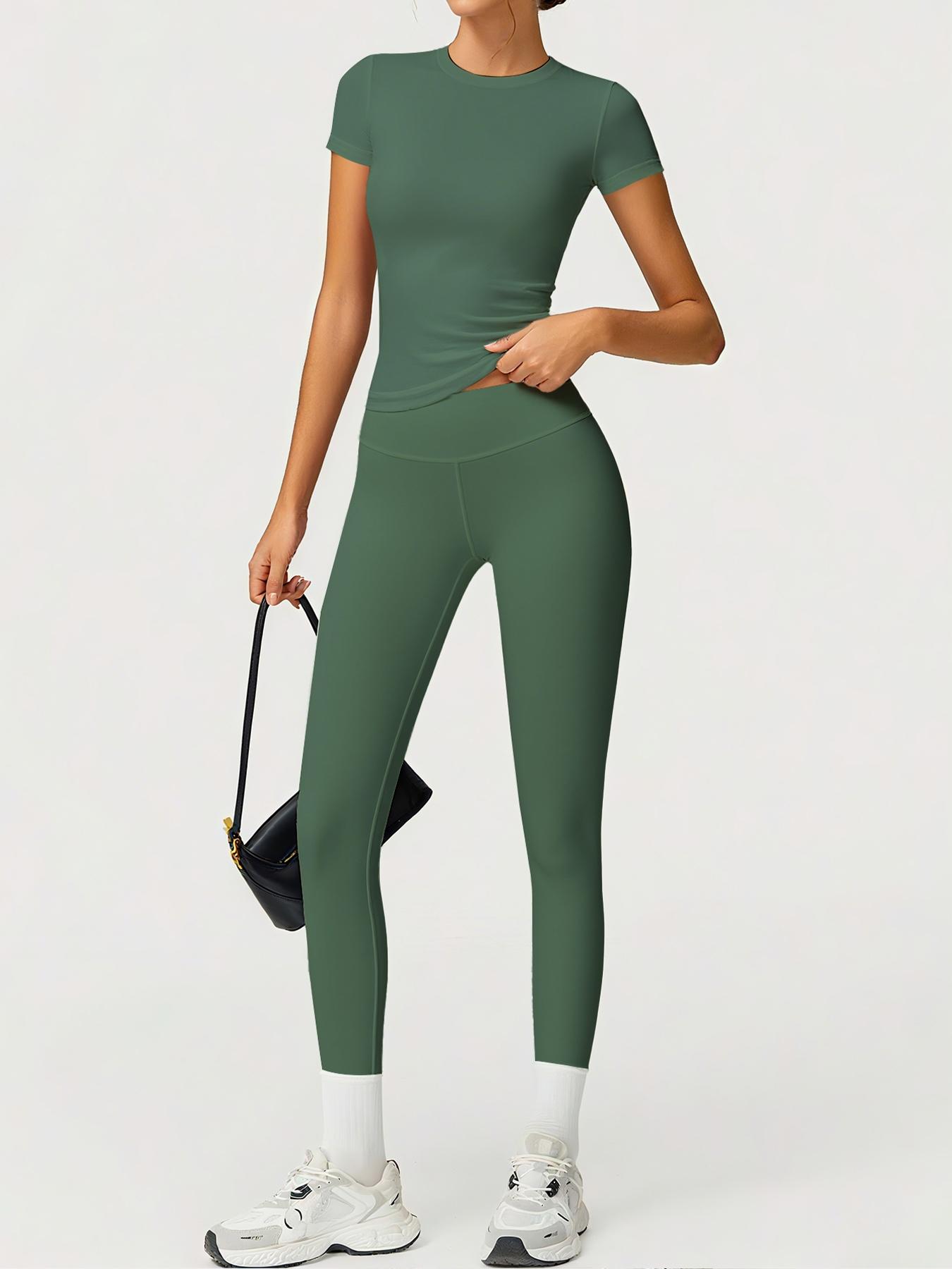 Women's Sporty Fitted Yoga Tracksuit Set, Soft Breathable Stretch Fabric Activewear Short Sleeve Top & Elastic Pants, Ideal for Fitness Running Outdoor Activities