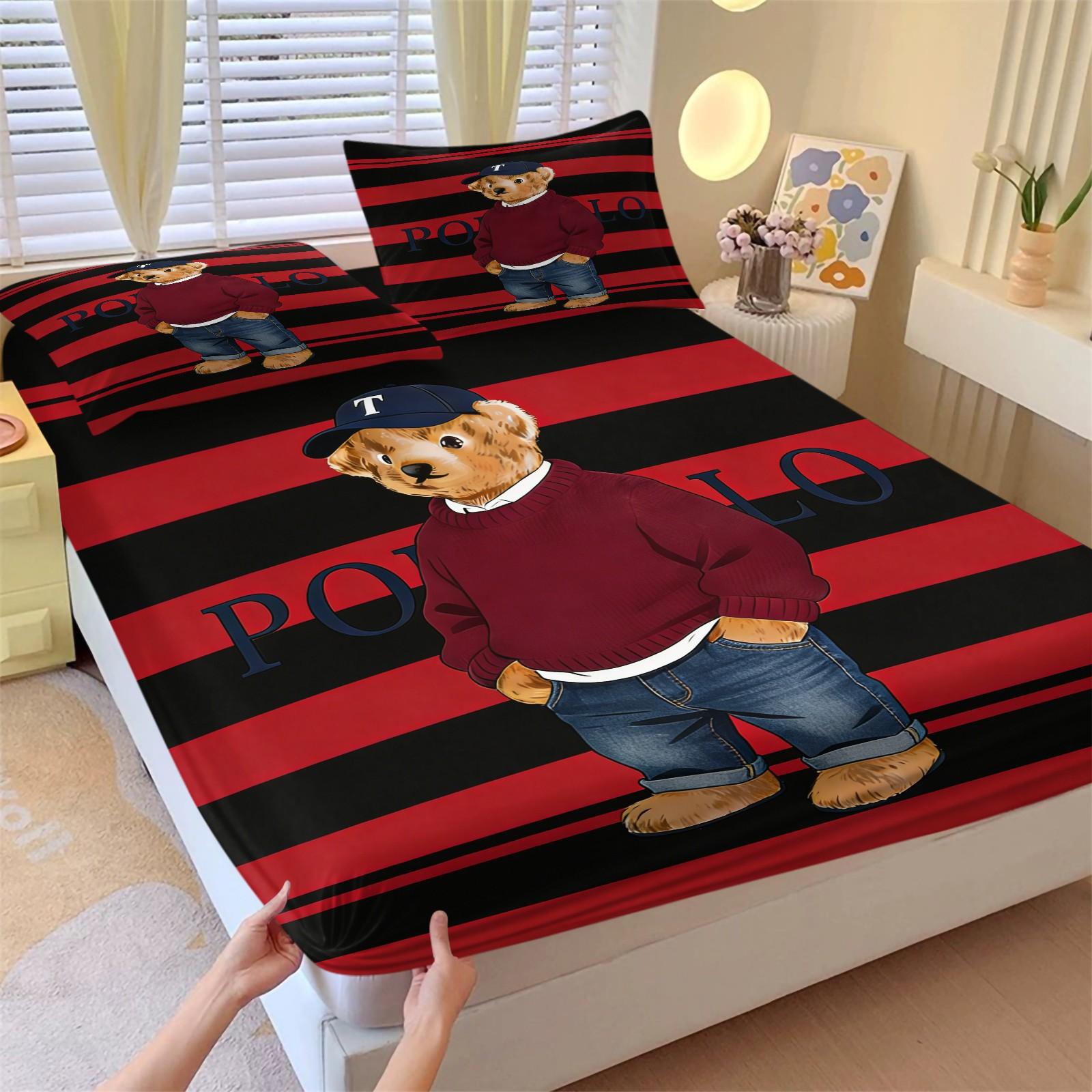 Teddy Bear Pattern Bed Sheet, Comfortable Printed Pattern, Includes 1 Bed Sheet and 2 Pillowcases, Comfortable Bedding, Non slip Dust Cover Suitable for Bedroom and Guest Room, Suitable as a Gift for Children or Adults