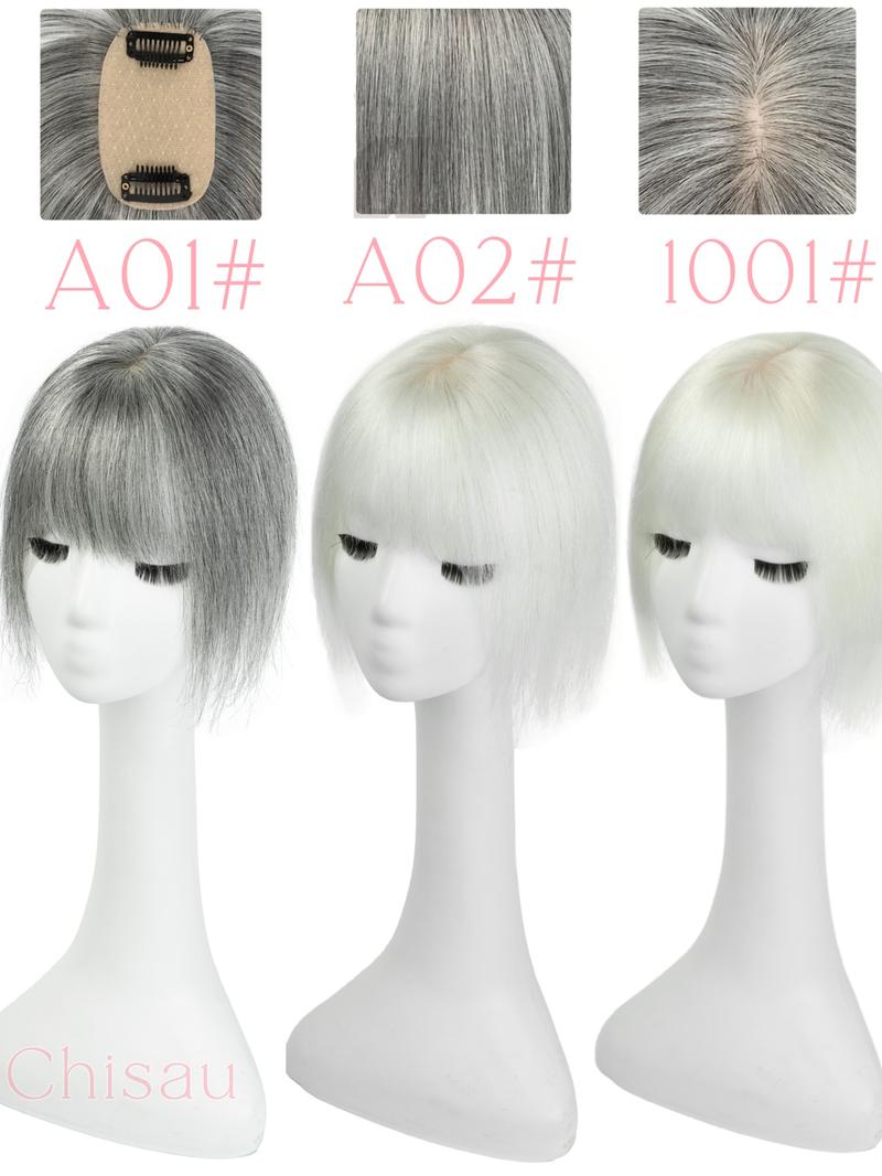 5X9 Real Human Hair Topper with Bangs for Women, Available in Natural Black, Dark Brown, Blonde, And White Gray, Featuring Straight Hair to Boost Volume And Conceal Gray Hair, Enhancing Your Overall Appearance, Perfect for Different Events