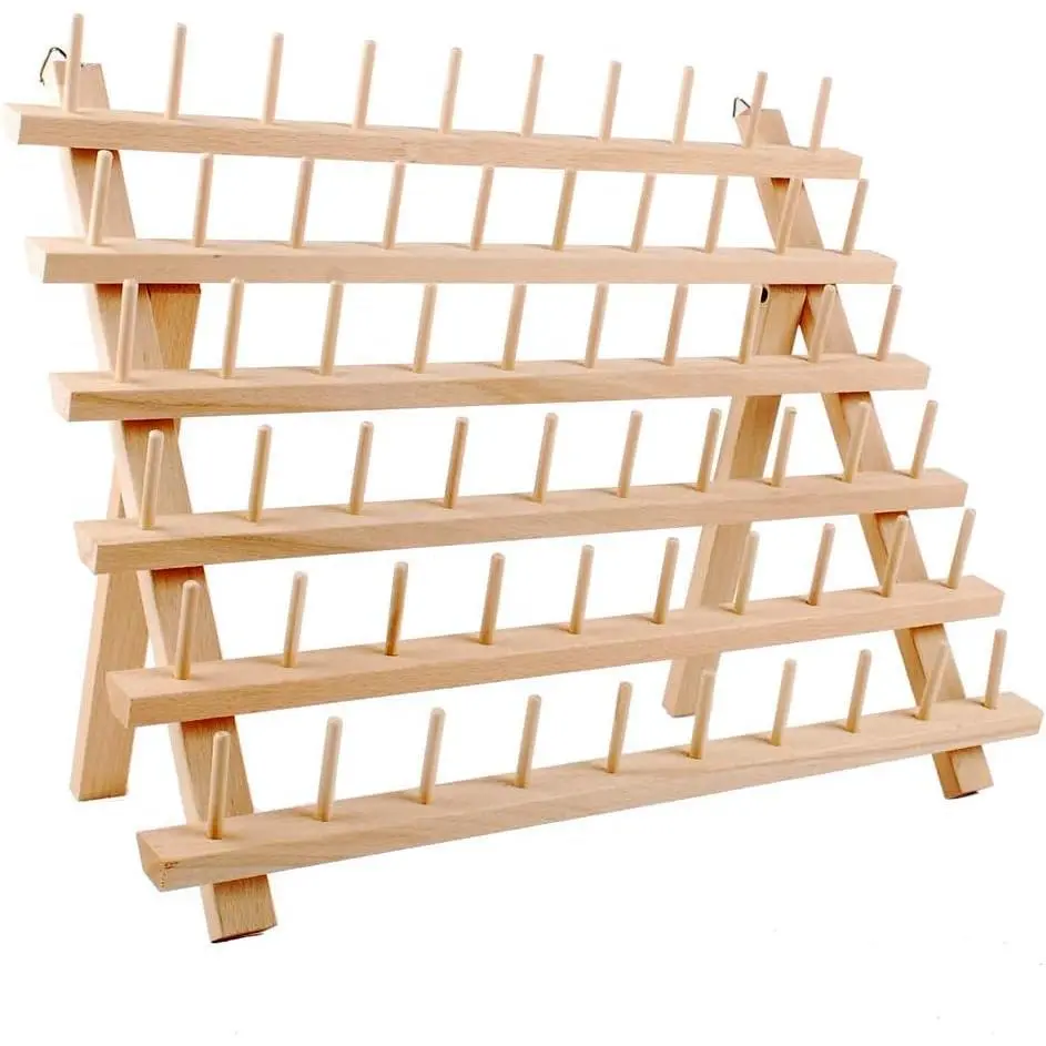 60-Spools Wooden Thread Holder Sewing and Embroidery Thread Organizer for Sewing Thread Storage with Hanging Hooks