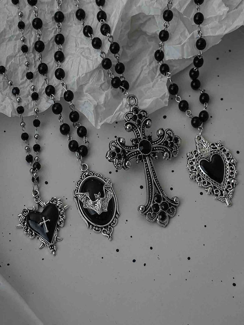 Gothic Bat Cross Heart Oil Pendant Necklace Set, Vintage Punk Unisex Beaded Chain, Party Personalized Jewelry Kit, Cross Necklaces