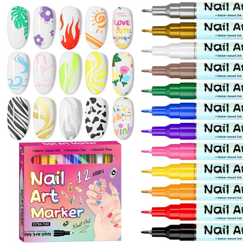 12 Color 3D Nail Art Pens Set, 0.5MM Nail Pens Nail Point Graffiti Dotting Pen Drawing Painting Liner Brush for DIY Nail Art Flower Design Nails Beauty Adorn Manicure Tools