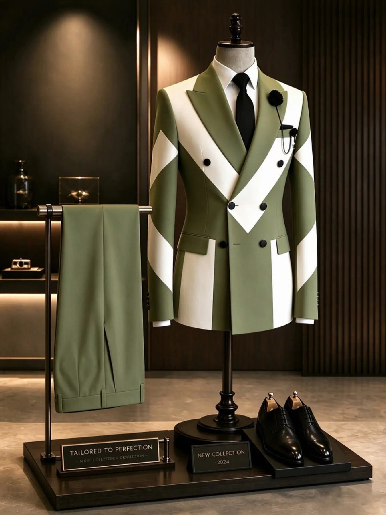 Ainwear Men's Geometric Color Block 2 Piece Suit, Double Breasted Blazer Jacket Pocket & Solid Dress Pants, Formal Wedding Tuxedo