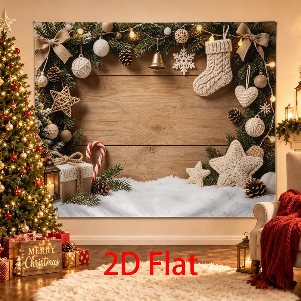 Rustic Christmas Backdrop, Knit Stocking Pine Garland Wood Snow Holiday Photo Background