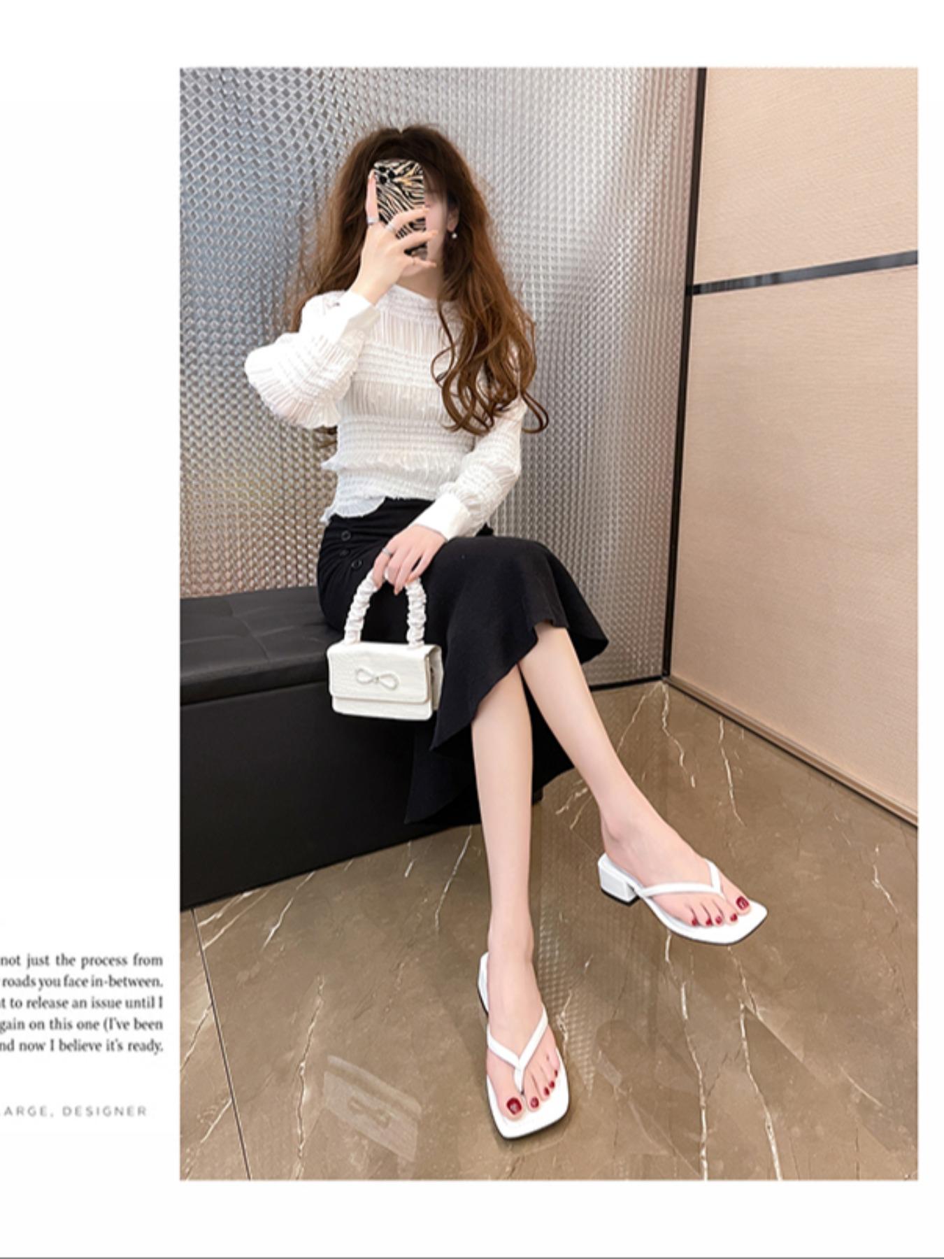 WWomen's Square Toe Block Heel Thong Sandals, Elegant Summer Slip On Shoes for Beach Work Daily Wear