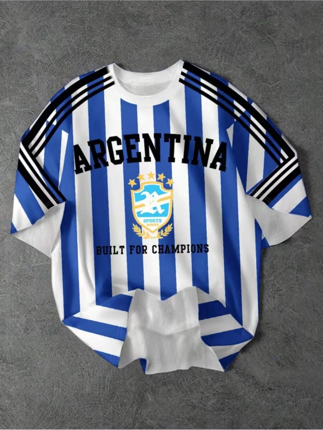 Men's Argentina Soccer Jersey T-Shirt, Lightweight Breathable Round Neck, Striped Design, Perfect for Football Fans