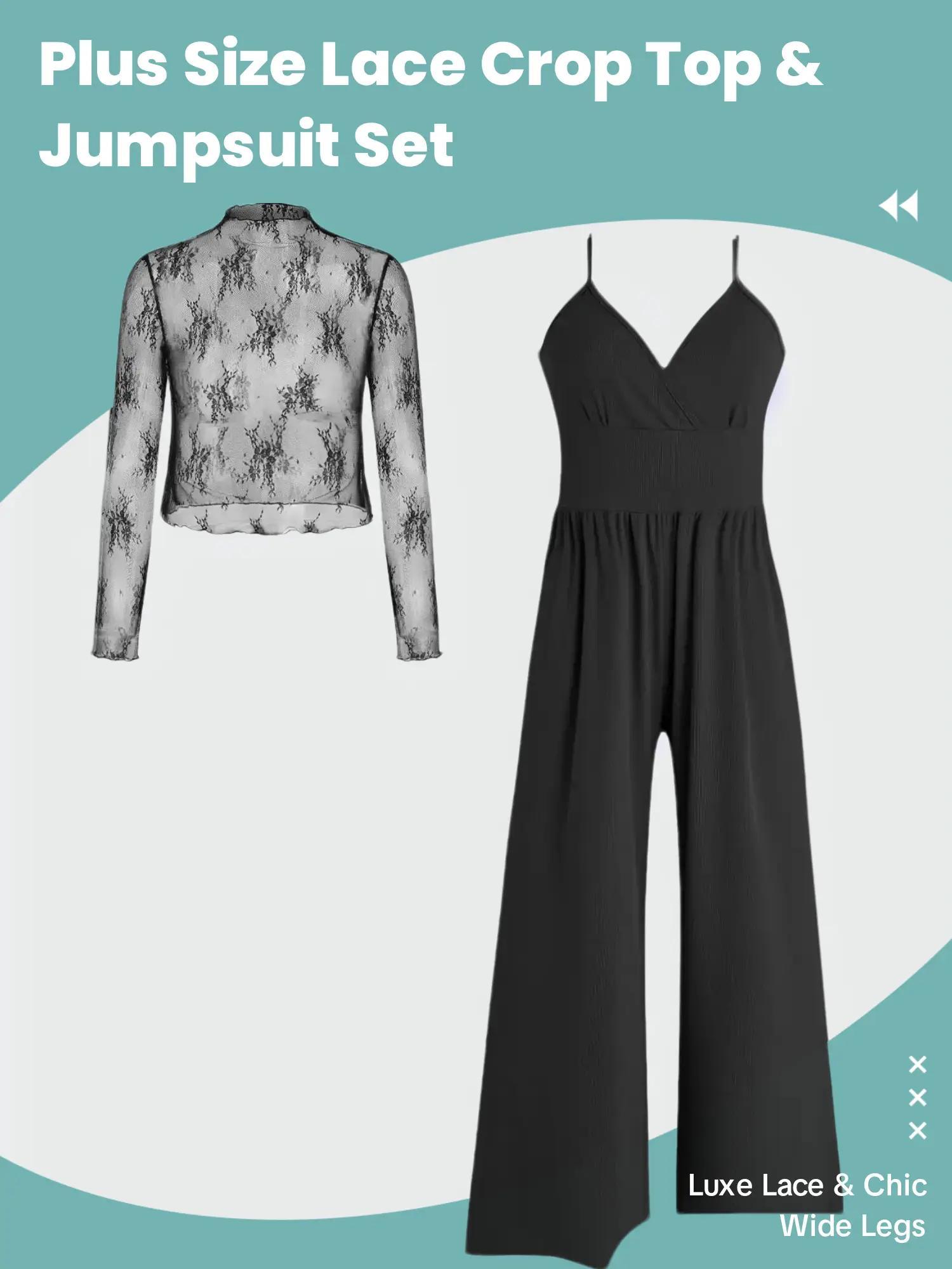 【Plus Size】 Two-Piece Set Solid Lettuce Trim Lace Crop Top & Wide Leg Cami Jumpsuit, Elegant Fashion Outfits for Daily Outdoor Wear, Women Clothing for Spring Fall, Womenswear