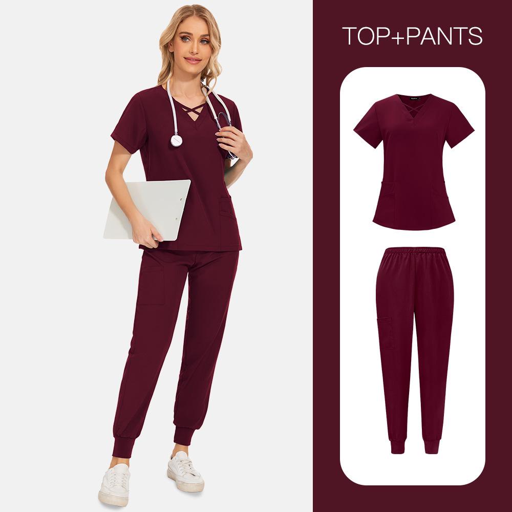 Womens Short Sleeve Long Pants Scrub Uniform Nursing Home Beauty Dental Clinic Surgery Room Nurse Outfit Comfortable Durable Workwear