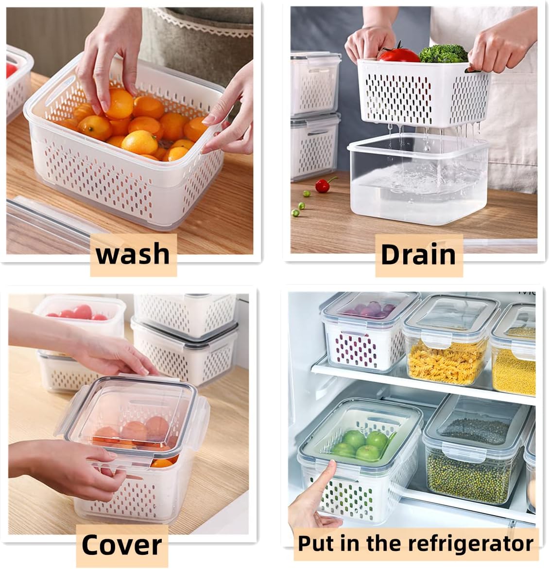 6-Pack Fruit Storage Containers for Fridge with Removable Colanders, 4 in 1 Produce Containers with Lids, Leakproof Fridge Organizer for Salad Berry Lettuce Vegetables Meat