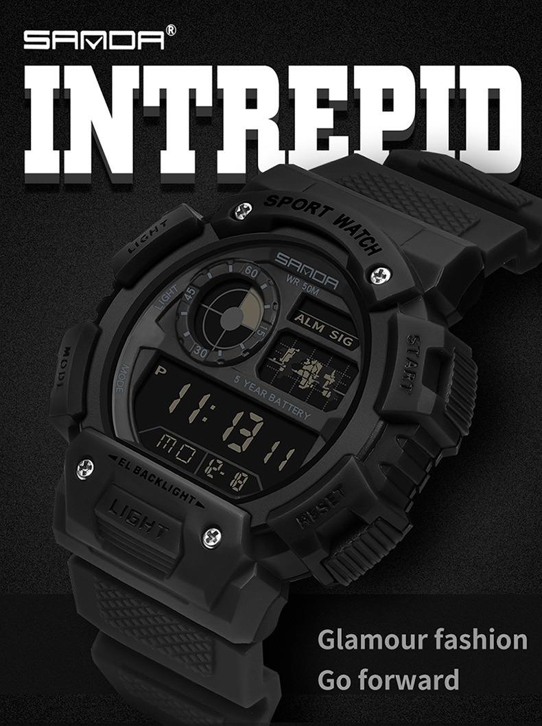 Sanda Fashion Waterproof Digital Watch for Youth, Dual Time, Stopwatch, Alarm, Luminous, Week Date, 12/24h, Casual Style, All Seasons