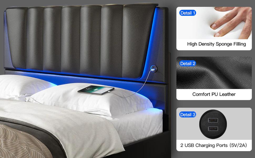 Sikaic LED Bed Frame With USB Ports Adjustable Headboard And 4 Storage Drawers Apartment Furniture Bedroom Set Upholstered Platform Bedframe