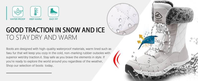 [JF]  Womens Winter Snow Boots for Women - Dual Style Fur Collor Waterproof Snow Boots for Women with Memory Foam Insoles - Snow Boots with Heat Retain Technology