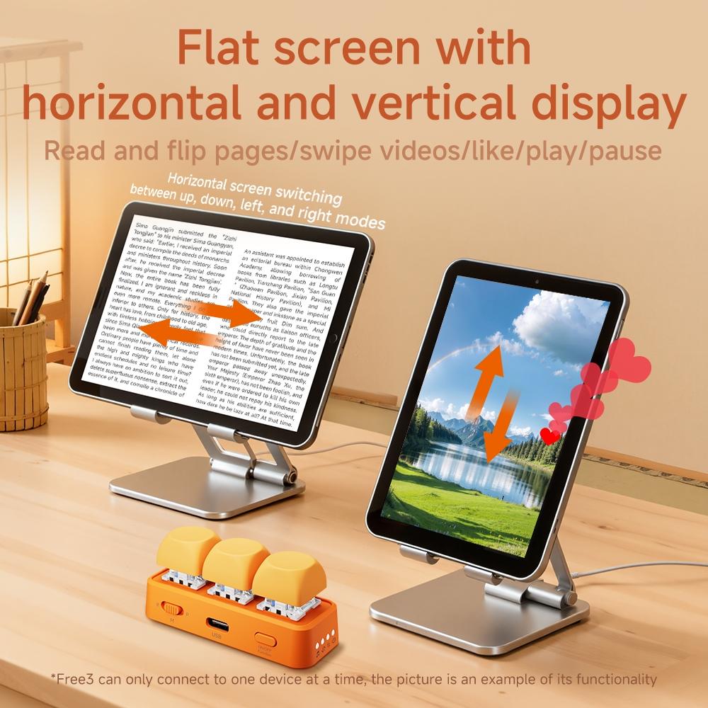 Free3 Bluetooth Page Turner, 3-Mode Control for E-Readers, Phones, Tablets and Computers, Kindle Page Turning, TikTok Scrolling, Camera Trigger, PPT/PDF Control, Hot-Swappable Switches