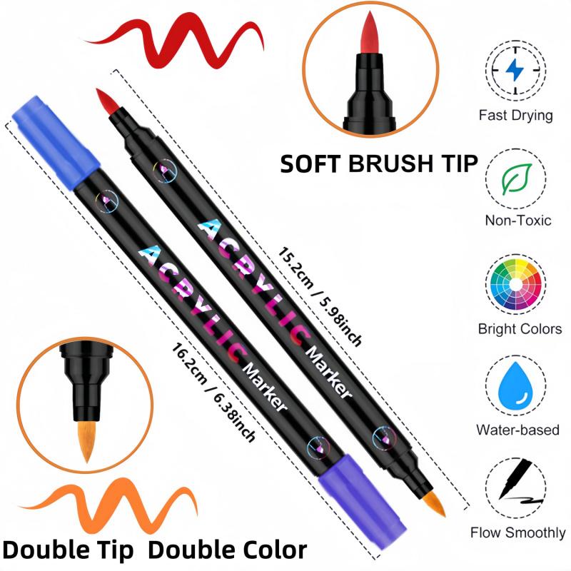 Acrylic Paint Markers Pens Set, Dual Tip Dual-Color Brush Tips Acrylic Paint Pens, Creative Coloring Markers, Acrylic Drawing Markers for Rocks, Wood, Canvas, Stone, Fabric, Plastic DIY Art Supplies Back to school